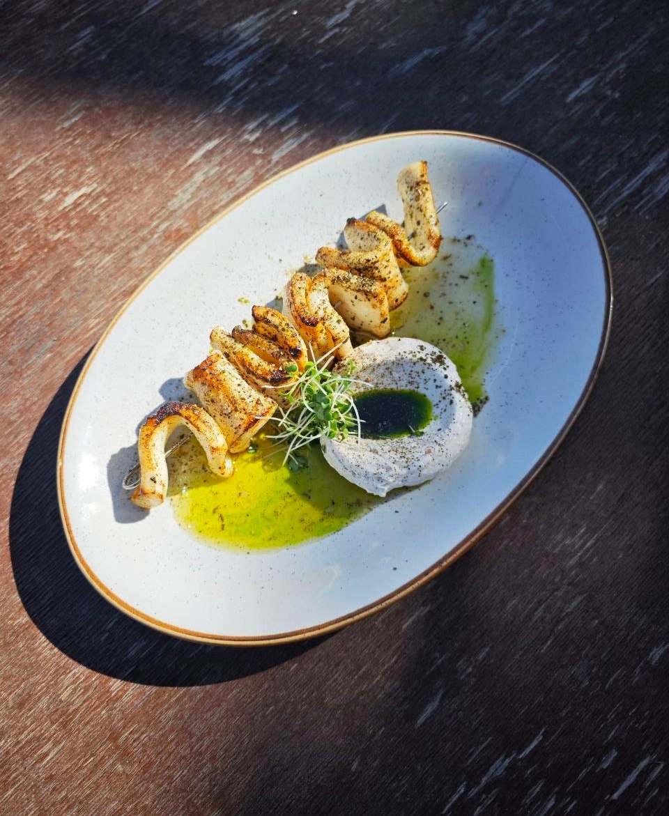 Grilled calamari on a skewer in a pool of yellow-green oil, beside a round of white cream with dark green oil, on an oval plate
