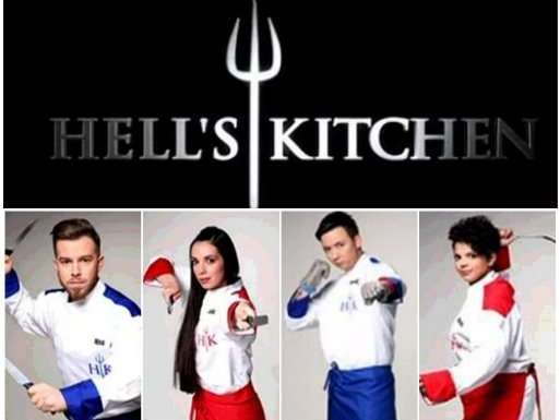 The Hell’s Kitchen logo above four contestants in chef jackets, Eugene Charalampous among them