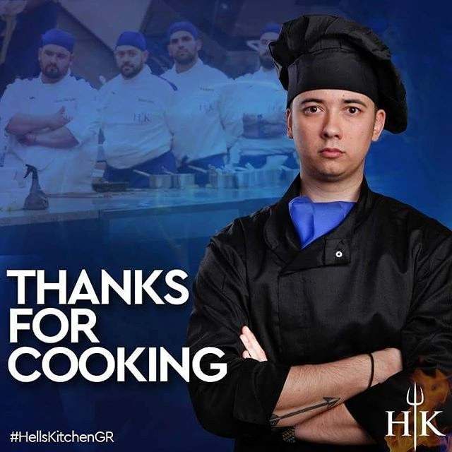 Eugene Charalampous in black chef whites on a Hell’s Kitchen Greece card reading “Thanks for cooking”